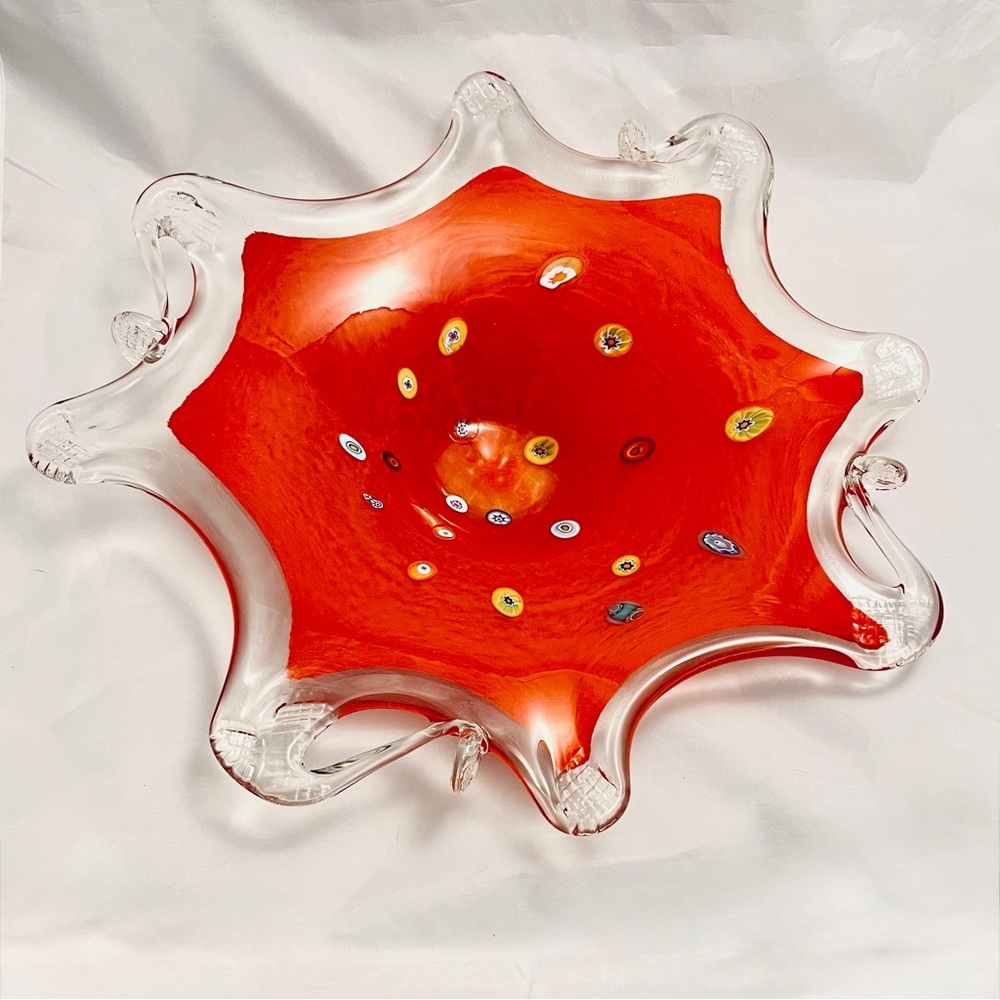 Murano Italy Vetro Eseguito Art Glass Bowl Centerpiece Red Millefiori VTG EUC